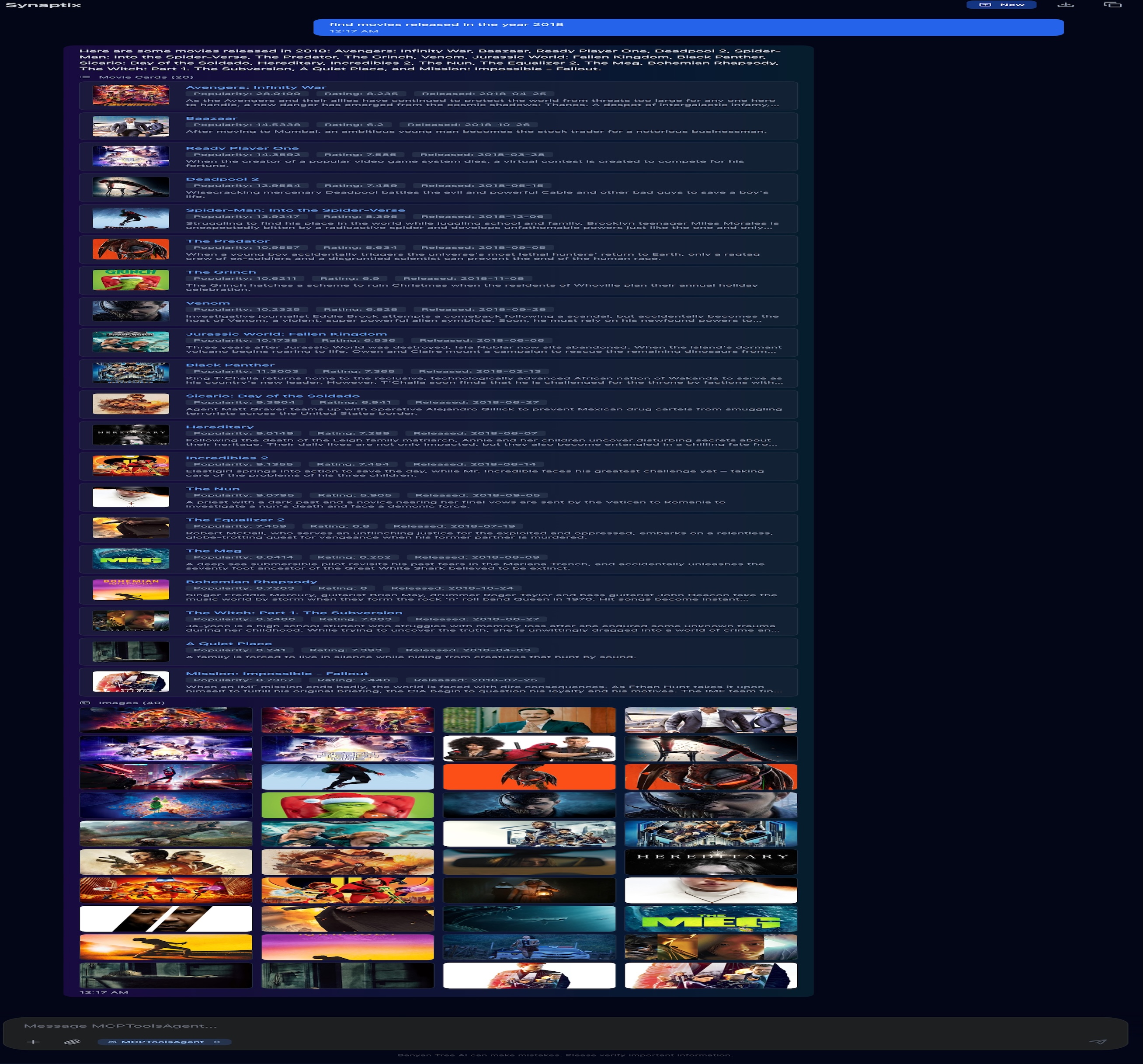 Synaptix Interface showing movie cards
